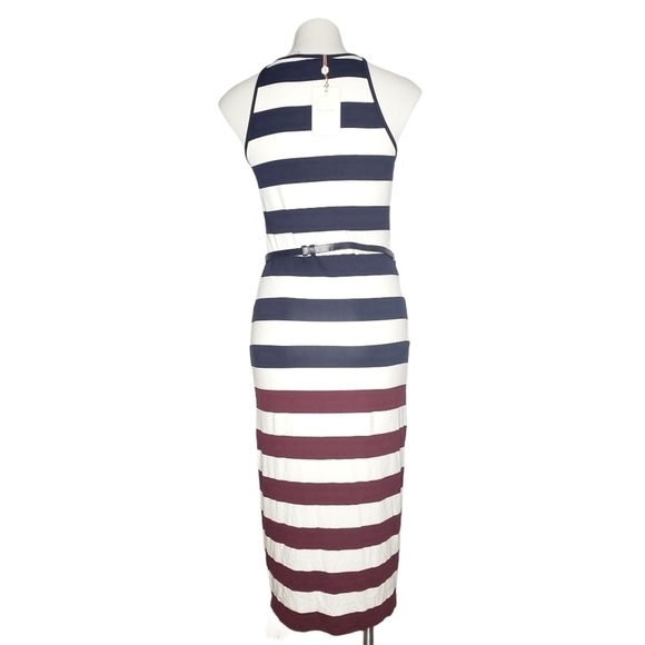Ted Baker Striped Bodycon Midi Dress Navy Burgundy Belted Chic Work & Party Look - Picture 3 of 6